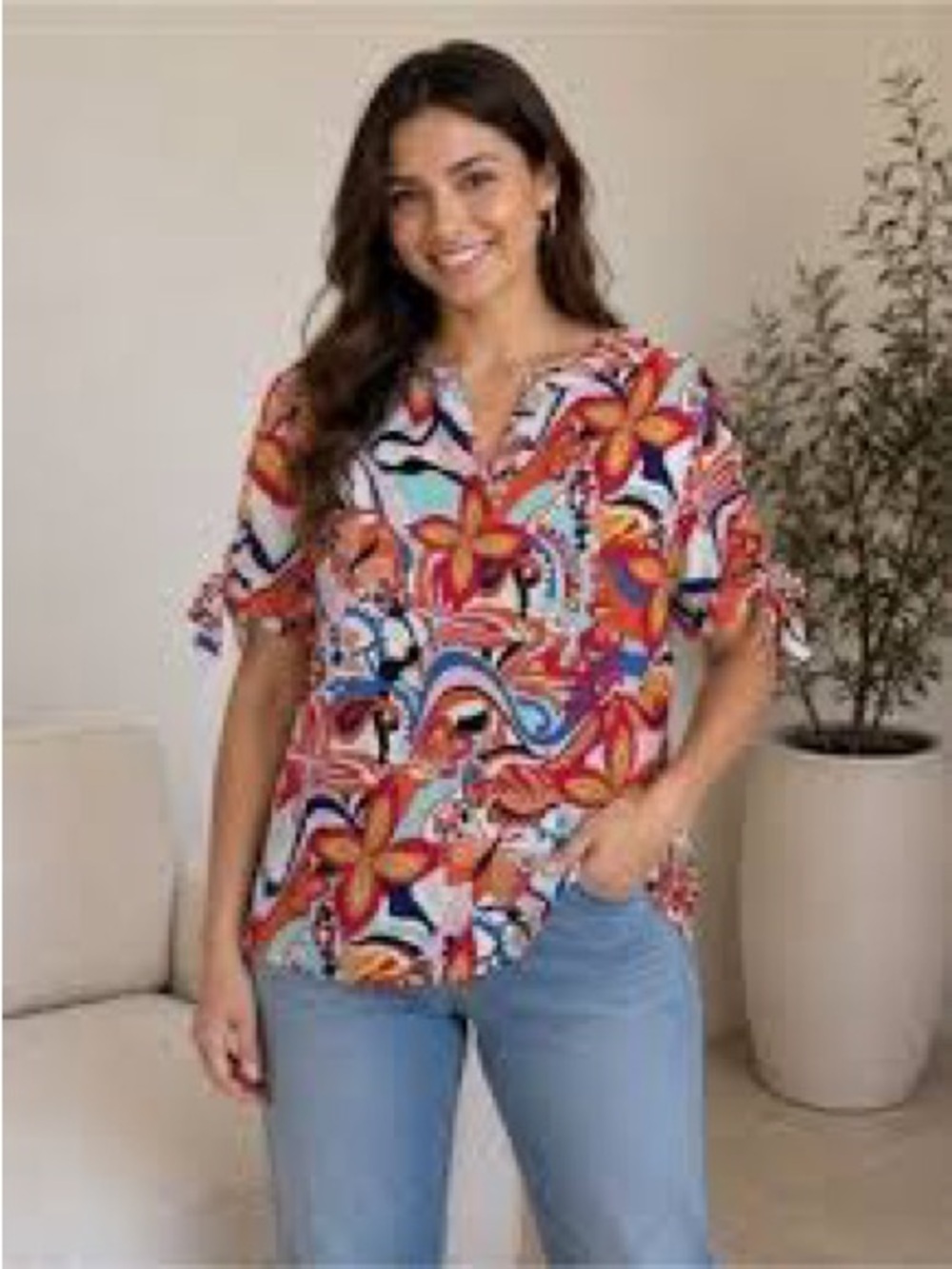 Basler Abstract Floral Tie-Sleeve Popover Short Sleeve Blouse Size 20